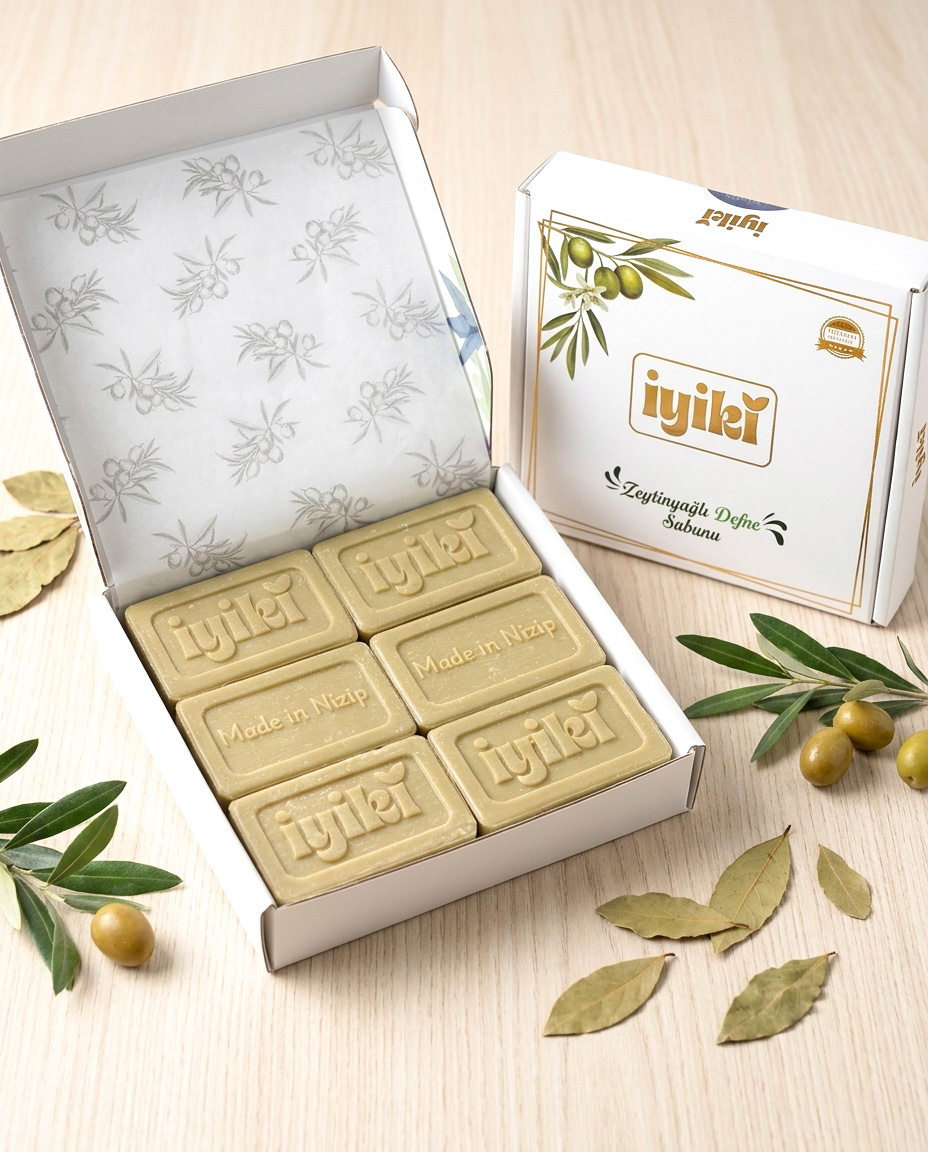 iyiki Doğal Zeytinyağlı Defne Sabunu 6 Adet – Saç ve Cilt Bakımı İçin Katı Sabun